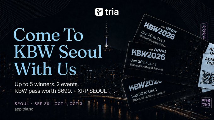 A Tria (tria) advertisement for 'KBW Seoul' conference passes, offering 5 winners for 2 events including a $699 KBW pass plus XRP Seoul, dated September 30 - October 1, 3.