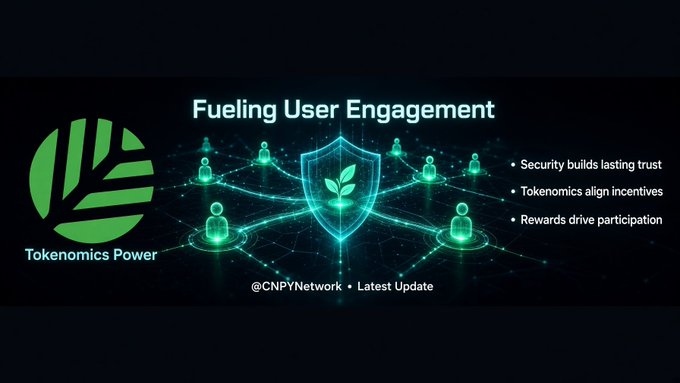 Dark-themed graphic titled 'Fueling User Engagement' featuring the Tokenomics Power logo and a central shield icon, highlighting bullet points about security building trust, tokenomics aligning incentives, and rewards driving participation, attributed to CNPYNetwork.