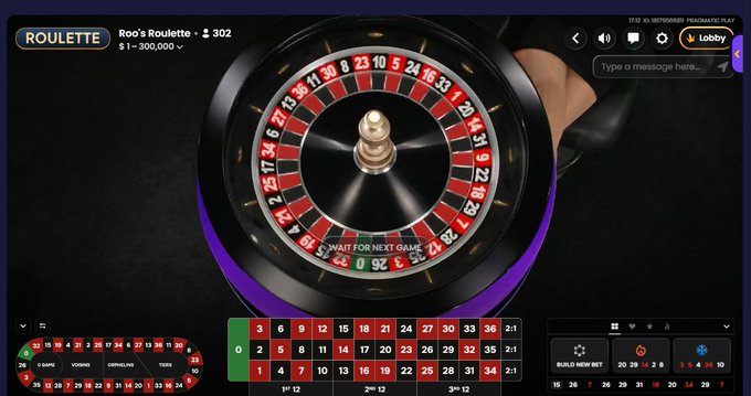 A screenshot of an online roulette game interface titled "ROULETTE Roo Roulette" with a spinning wheel, betting grid showing dozens and columns, and a chat box.