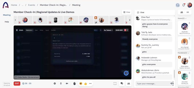This image displays a virtual meeting titled "Member Check-In | Regional Updates & Live Demos," where a user named Philip Otafor shares a screen showing a "Drift" membership page with "21,000,000 USDC" and "1 BCH" visible, while the chat sidebar shows participants discussing "gArc" and regional updates.
