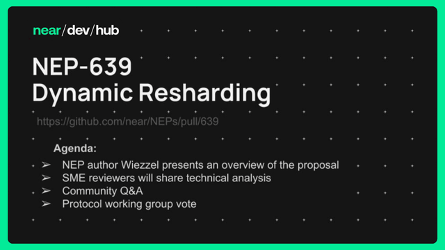 The image displays a poster or sign with an abstract design featuring dots, lines, and shapes. It features text that provides information about dynamic resharding, which is a method for automatically creating multiple smaller copies of a file based on its size or content. The title "NEAR NEP-639 Dynamic Resharding" is written in the top left corner.