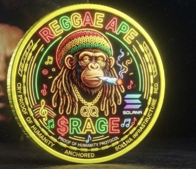 A neon-style graphic featuring a smoking monkey with dreadlocks in a Rastacap, surrounded by text including "REGGAE APES NFT", "$RAGE", and "PROOF OF HUMANITY PROTOCOL".