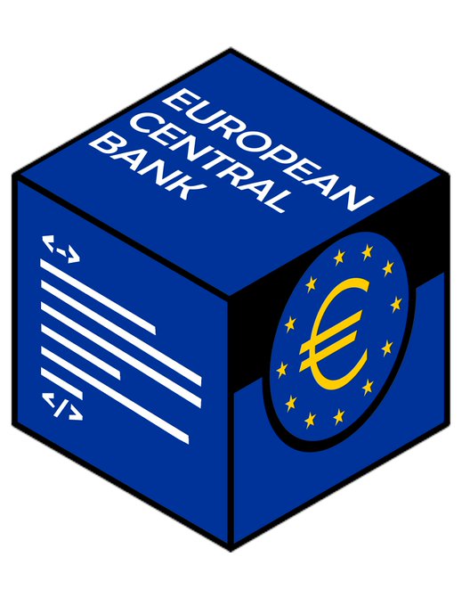 A blue cube logo for the European Central Bank featuring a yellow Euro symbol surrounded by stars on one face and horizontal lines on another, with 'EUROPEAN CENTRAL BANK' text on top.