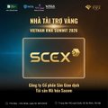 This image is a promotional graphic for the "Vietnam RWA Summit 2023," featuring the gold sponsor "SCEX" and its full name "CÔNG TY CỔ PHẦN SÀN GIAO DỊCH TÀI SẢN RWA SCEX" in Vietnamese. The accompanying post highlights the presence of the Chairman of the Vietnam Blockchain Association at the summit, which SCEX is associated with.