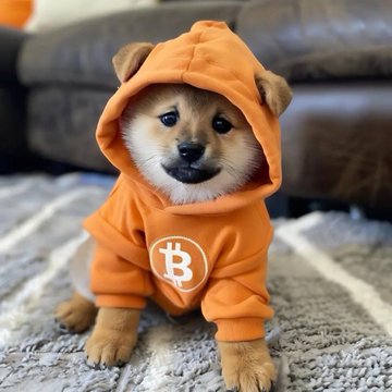 A small Shiba Inu puppy wearing an orange hoodie with a Bitcoin logo, sitting on a grey patterned rug.