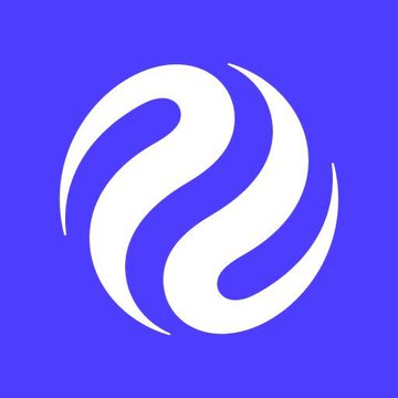 A stylized white swirling logo on a purple background, resembling a wave or the letter 'S'.