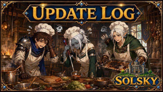 The image is an "Update Log" banner for SOLSKY, featuring three fantasy characters in chef hats and aprons cooking in a rustic kitchen, humorously illustrating the patch's kitchen metaphor as the "first day = first patch" with new content like a 15-boss ladder, 7 leaderboards, and in-game $SKY swaps.