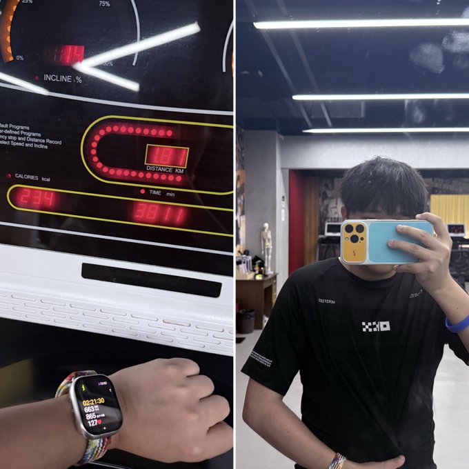 A split image showing a treadmill display on the left (showing 3.87 km distance and 234 kcal) with a smartwatch tracking the workout, and on the right, a man in a black t-shirt taking a mirror selfie with a yellow and blue smartphone.