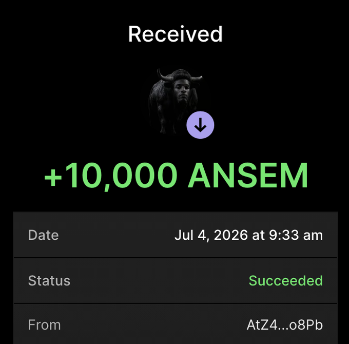A transaction confirmation screen showing a successful receipt of +10,000 ANSEM tokens on July 4, 2026, from an anonymous wallet (AtZ4...o8Pb), verifying the crypto airdrop mentioned in the post.