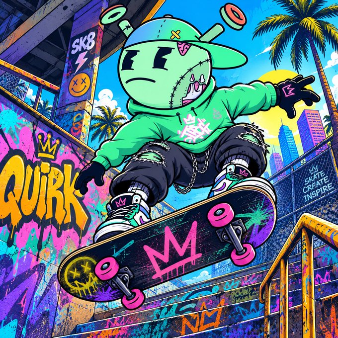 A cartoon character wearing a green hoodie and "Quirk" branded shirt performs an aerial skateboard trick in a graffiti-covered skate park, with visible text including "SK8," "Quirk," a crown logo, and a skate ramp labeled "SKATE CREATE INSPIRE," directly reinforcing the post's message of creative skating culture and community.