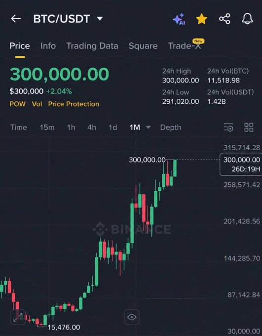 A Binance trading chart showing BTC/USDT at $300,000.00, up 2.04%, with a 24h high of $300,000 and 24h low of $291,020.