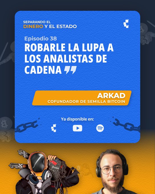 Promotional graphic for Episode 38 of the podcast "Separando el Dinero y el Estado," titled "Robarle la Lupa a los Analistas de Cadena," featuring guest Arkad, cofounder of Semilla Bitcoin, with the quote expressing his view that KYC Bitcoin is for speculators while true freedom lies in non-KYC usage, paired with a photo of guest Iván Gómez.