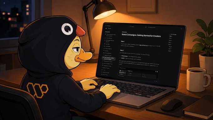 An animated duck in a black hoodie types on a laptop that displays a page titled 'Select Campaigns, Getting Started for Creators.' The duck's concentrated demeanor suggests the challenges creators face in the initial selection process, as hinted at in the caption, where despite everyone applying with passion, only a chosen few are selected.