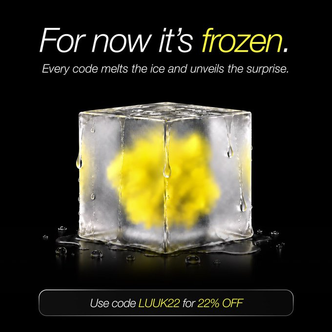 A promotional advertisement with a black background featuring an ice cube containing a yellow flower, with the text 'For now it's frozen. Every code melts the ice and unveils the surprise.' and 'Use code LUUK22 for 22% OFF'.