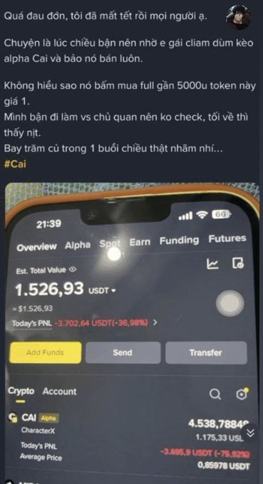 A screenshot of a Binance app showing a trading account with a 1,526.93 USDT balance and a $3,702.64 (-36.98%) loss, specifically on CAI/Alpha (CharacterX) with today's PNL of -3,885.9 USDT (-75.62%).