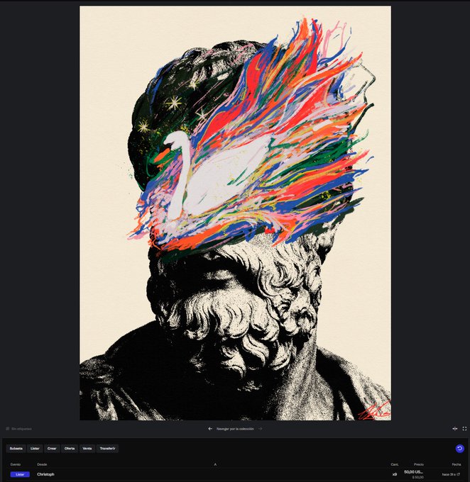 A digital artwork interface displaying a classical bust with a colorful, cosmic, and abstract explosion emerging from its head area.