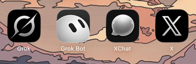 Four X app icons labeled "Grok," "Grok Bot," "XChat," and "X" are displayed against a stylized map background, linking to the post about a hypothetical X airdrop.