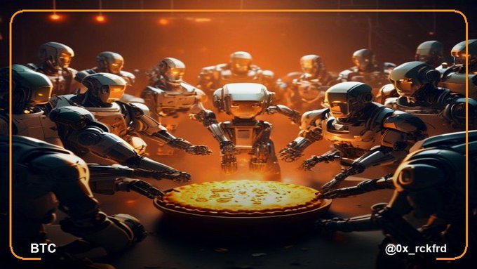 An AI-generated meme showing robotic figures gathered around a glowing pizza-like object, labeled 'BTC' with the handle '@0x_rckfrd'.