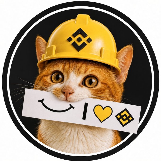 An orange tabby kitten wearing a yellow Binance-branded construction helmet holding a paper sign that reads 'I [heart] [Binance logo]'.