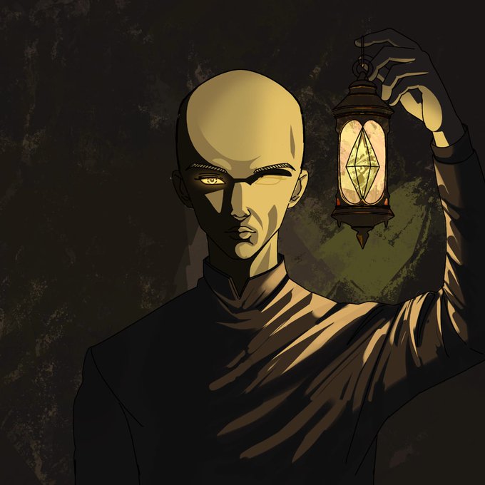 A bald, stern figure in high-collared robes holds up a glowing lantern containing a green crystal, casting light across his face against a dark, textured background—evoking a watchful guardian or oracle revealing something hidden. The mystical imagery complements the post's tone of anticipation and revelation surrounding the whitelist announcement and FCFS mint eligibility phase.