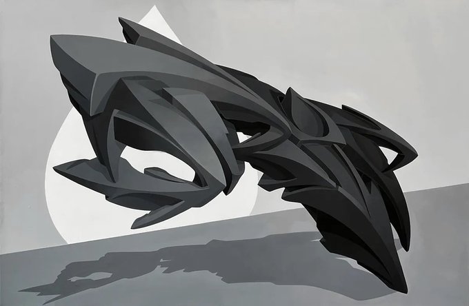 A digital painting of an abstract, angular dark gray skull-like form with intricate, sharp cutouts, floating against a plain light gray background.