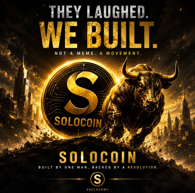 The image features a poster for Solocorn, which is a cryptocurrency built by one man. The poster shows a bull running across a city skyline with the words "They Laughed. We Built." written above it. This phrase suggests that the creator of Solocorn believed in their vision and was determined to build something great despite facing challenges or setbacks. The image also includes text about the army, which could be interpreted as a reference to the resilience and determination required for building successful projects like Solocorn.