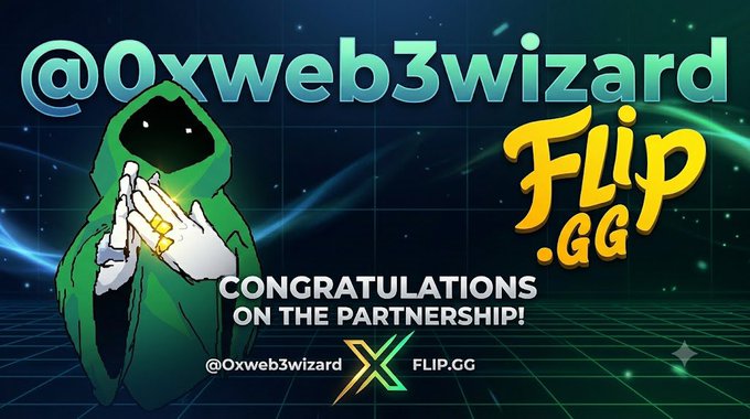 Promotional graphic announcing a partnership between @0xweb3wizard and FLIP.GG, featuring a green hooded figure with glowing rings against a digital grid background.