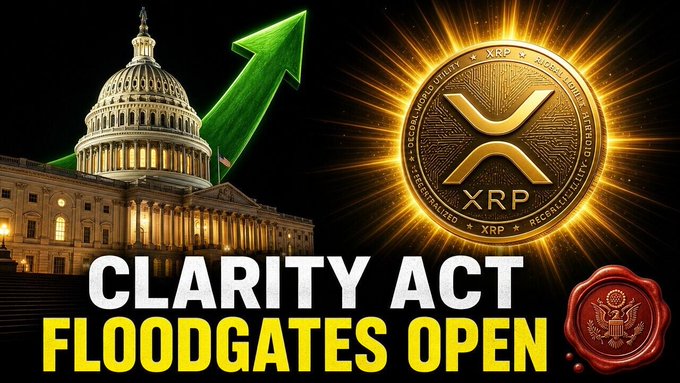 The image features a poster with an illustration of the U.S. Capitol building, along with a green arrow pointing upwards. The text "CLARITY ACT" is written above the Capitol building, and "End of day summary: $XRP biggest catalyst yet CLARITY Act Senate approval = game changer Catch up before tomorrow's market open: youtu.be/kLcpMhmOsBc". This poster seems to be promoting a cryptocurrency called XRP or clarity act, which is related to the U.S. Capitol building and its significance in the crypto world.