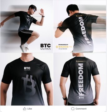 Product photos of a black athletic t-shirt displaying 'BTC ULTRA', 'FREEDOM', and 'Kingdom' branding, sponsored by 'BTC Bull Chain' and 'BitQuant Academy'.
