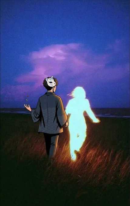 A digital illustration showing a person in a suit wearing a white fox mask, walking through tall grass beside a glowing blue ethereal figure under a purple-tinged sky.
