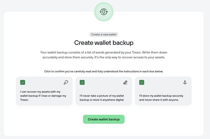 A Trezor wallet setup screen titled "Create wallet backup" displaying three checked acknowledgment boxes about recovering assets, not photographing the backup, and storing it securely, with a green "Create wallet backup" button at the bottom.
