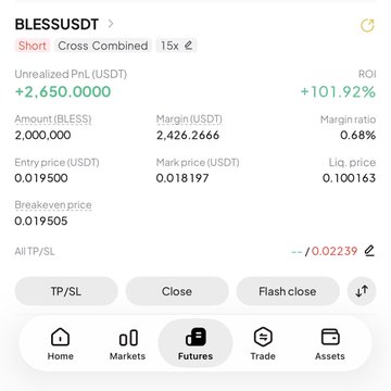 The image shows a Binance Futures position on $BLESSUSDT showing an unrealized profit of +2,650 USDT (+101.92% ROI) on a short position with 15x leverage, confirming the post's claim of a successful short trade that capitalized on $BLESS failing to break the $0.0200 resistance level.