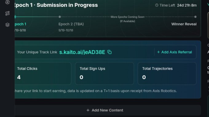 A screenshot of a dashboard titled 'Epoch 1 · Submission in Progress' showing a unique track link (s.kaito.ai/jeAD38E), with 4 total clicks, 0 sign ups, and 0 trajectories, with a time left of 24 days.