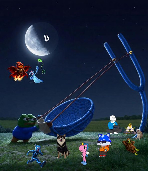 A surreal nighttime scene with various meme figures (Pepe, Sonic, Wojak, Doge, Shiba Inu) gathered around a giant slingshot aimed at a Bitcoin moon, while a devil and ghost fly kites in the sky.
