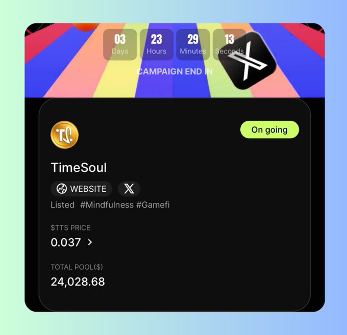 A promotional card for the TimeSoul ($TTS) BingX campaign, displaying a countdown of 03 days, 23 hours, 29 minutes, and 13 seconds until campaign end, with an "On going" status, a TTS price of 0.037, and a total pool of $24,028.68. The image visually reinforces the post's reminder that the campaign is nearing its conclusion with roughly four days remaining and the $24K prize pool still up for grabs.