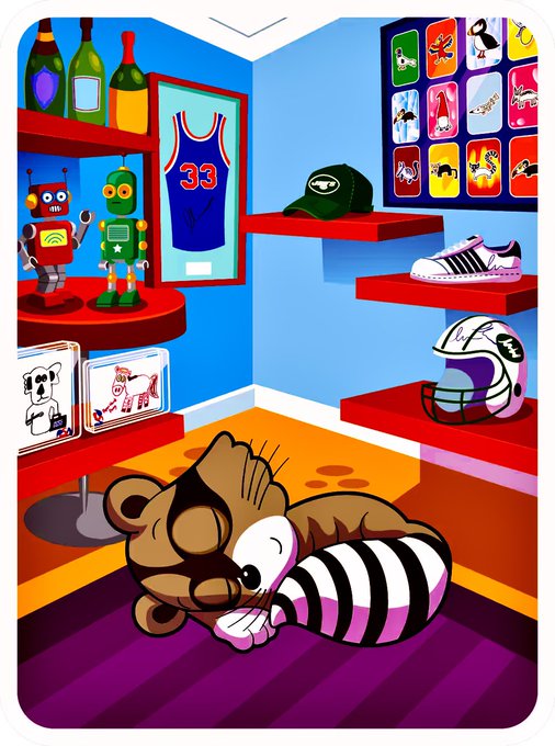 A colorful cartoon illustration of a store room containing wine bottles, robots, a basketball jersey with '33', a sports helmet, sneakers, and a sleeping brown teddy bear hugging a striped pillow.