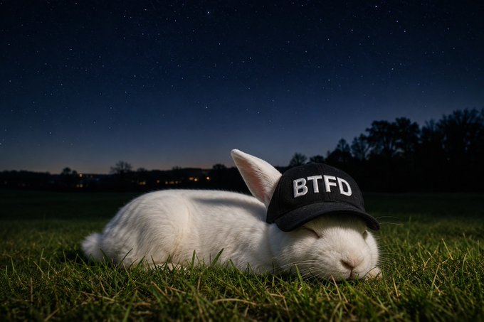 A white rabbit lies on grass at night under a starry sky, wearing a black baseball cap with 'BTFD' embroidered in white letters.