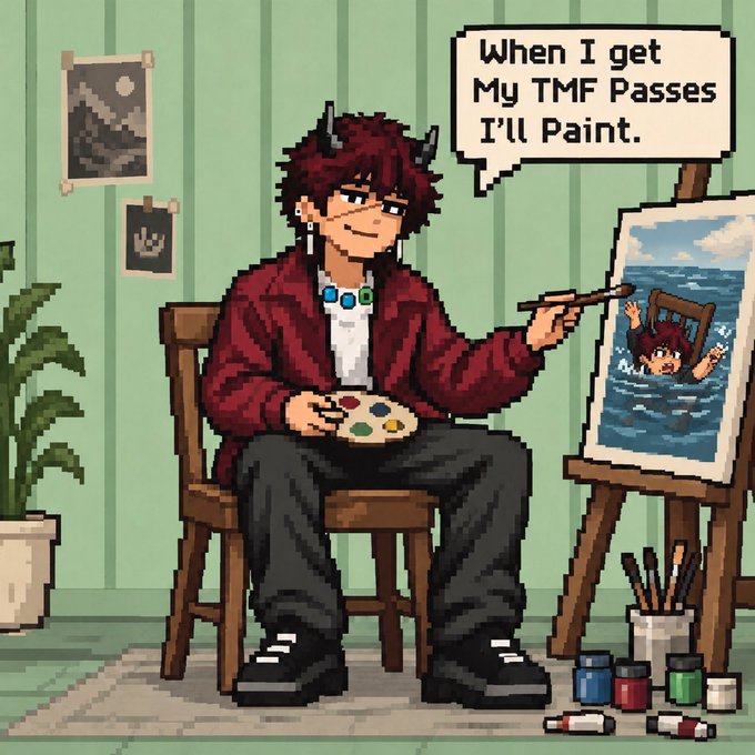 A pixel art illustration shows a red-haired, horned character sitting at an easel with a palette, stating in a speech bubble: "When I get My TMF Passes I'll Paint."