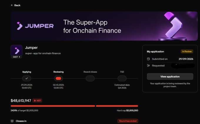A web interface showing 'Jumper' application for 'super-app for onchain finance' with a funding amount of $48,613,947 (2431% of target $2,000,000), status 'In Review', submitted 29/09/2026, and round dates progressing through Applying, Reviewing, and TGE.