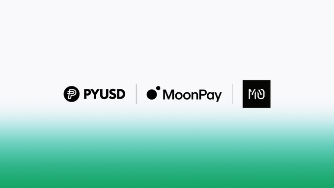 Logo display featuring PYUSD, MoonPay, and a stylized 'M' logo on a white and green gradient background.