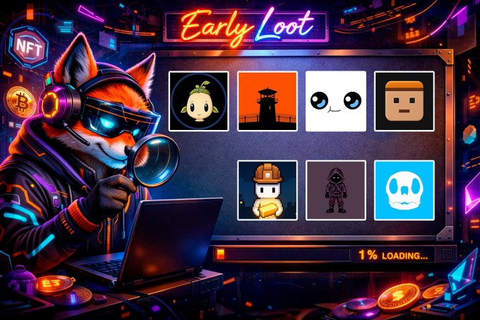 An 'Early Loot' NFT loading screen at 1% features a cyberpunk fox detective examining digital item icons.