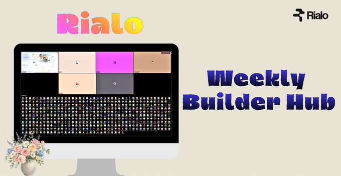A promotional graphic for 'Rialo Weekly Builder Hub' features a computer monitor displaying a grid of avatars next to the Rialo logo.