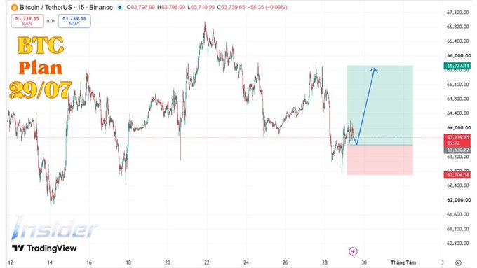 A Bitcoin (BTC) trading chart on TradingView titled "BTC Plan 29/07" displays price action with a blue arrow indicating an upward trajectory within a highlighted rectangular area.