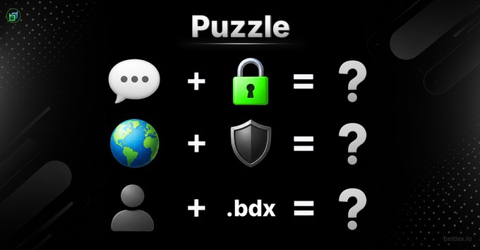 A puzzle graphic on a dark background showing three equations with icons: a speech bubble + lock = ?, a globe + shield = ?, and a person + .bdx = ?, branded with 'bdidx.io'.