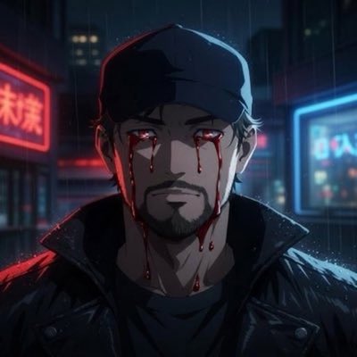 The image features a man with red eyes who appears to be crying or weeping due to his blood-soaked shirt. The scene takes place in front of a neon sign that says "Solana" in Asian characters, suggesting an urban setting. There is also a Japanese character on the sign, which adds cultural context to the image.