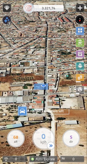 A mobile screen displays an aerial map view with 3,321.74 coin balance and "209,852 meters left" to a destination, while showing a car at 68 altitude traveling 0 kph in an exploration app. The map interface supports the post's promotion of the Coin App's geomining feature, illustrating the journey-based reward system used while traveling to a destination like Burger King.