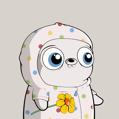 A cartoon illustration of a cute gray creature wearing a polka-dotted hoodie, holding a yellow flower with an orange center.