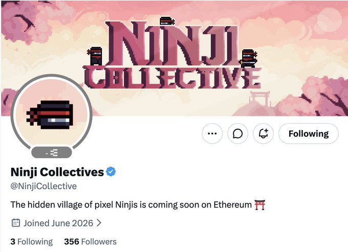 The image has a post from the "Ninja Collective" blog, where they are announcing an upcoming pixel animation of Ninja characters coming out onto Etherium. The post includes a photo of pixel art as well as text related to the animation release date and social media shares. The image also shows a post by the hashtag "#ninjicollective" which is associated with this particular post on Twitter, further emphasizing the link between the image and the content it represents.