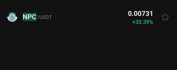 A cryptocurrency price display showing NPC/USDT trading at 0.00731 with a +33.39% increase in green text.