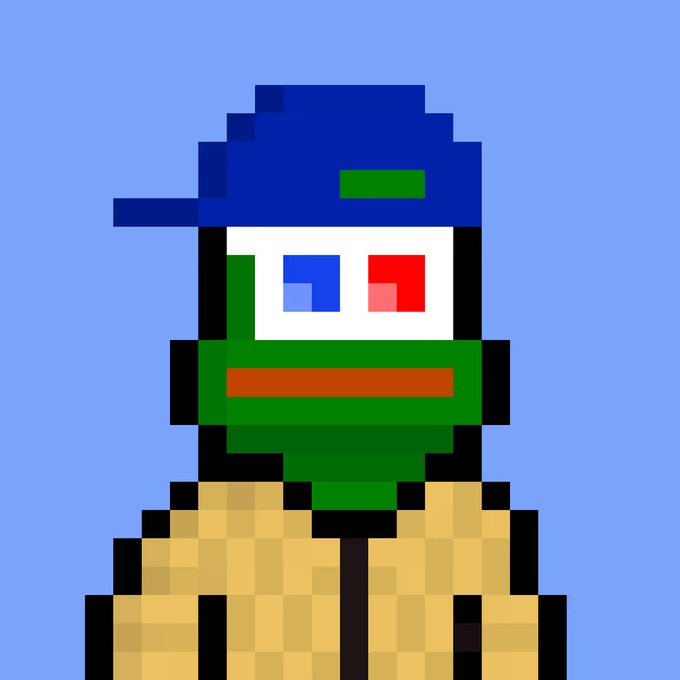 A pixel art portrait of a character with a blue cap, green skin, mismatched blue and red eyes, and a tan jacket against a blue backdrop.